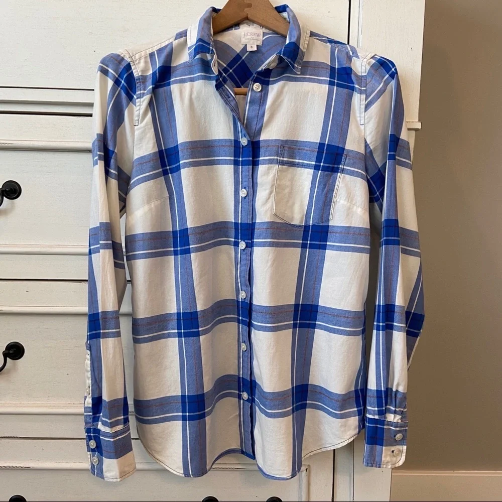 J. Crew Blue and White Plaid Long Sleeve Top. Size Small. EUC